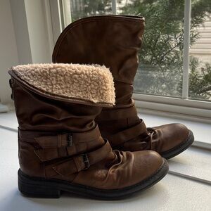 Blowfish • Mid Calf Slouchy Fleece Lined Zip Up Brown Moto Combat Boots • Size 7
